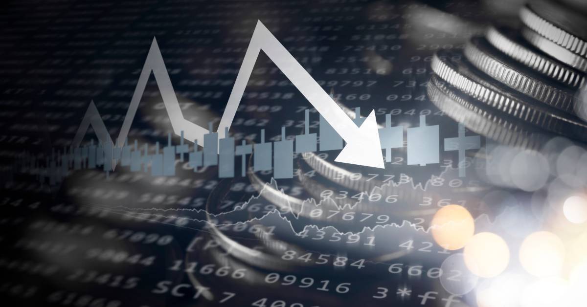 A chart showing data trends superimposed onto a spreadsheet of five-digit numbers. There are stacks of coins in the background.