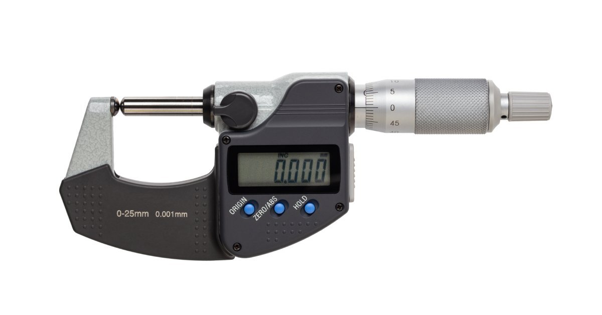 A digital micrometer set against a white background. The device is not measuring anything and the display is set to 0.000.